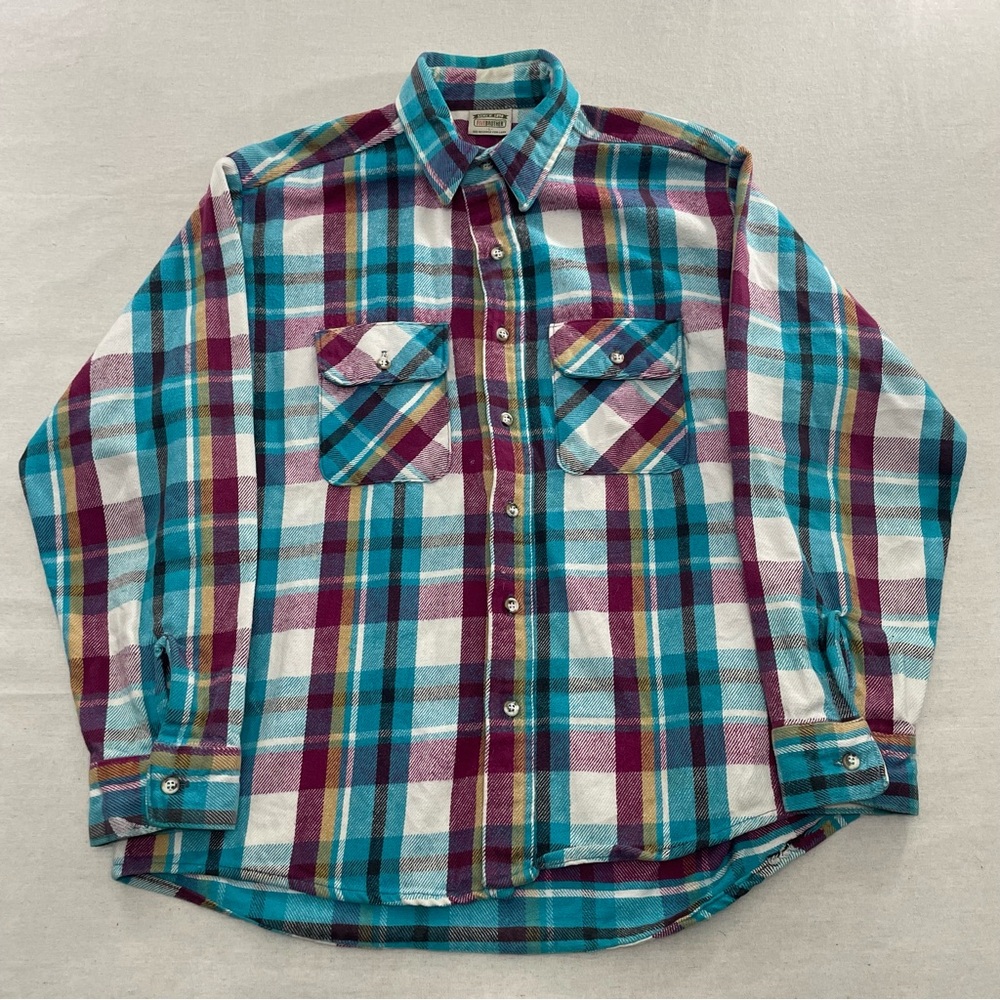Vintage 90s Five Brothers Sz L Heavyweight Flannel Purple Plaid Cabincore USA
